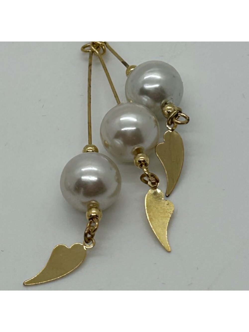 Vintage Gold--tone Faux Pearl Dangle Earrings With Leaf Charms Statement 3.25 in - Picture 5 of 14